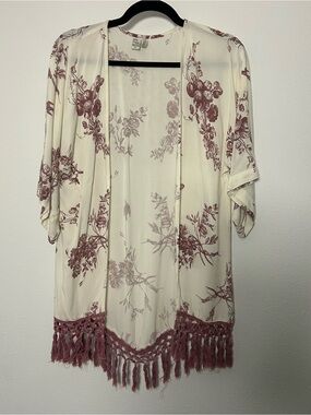 Element Eden Floral Fringe Open-Front Kimono Cardigan